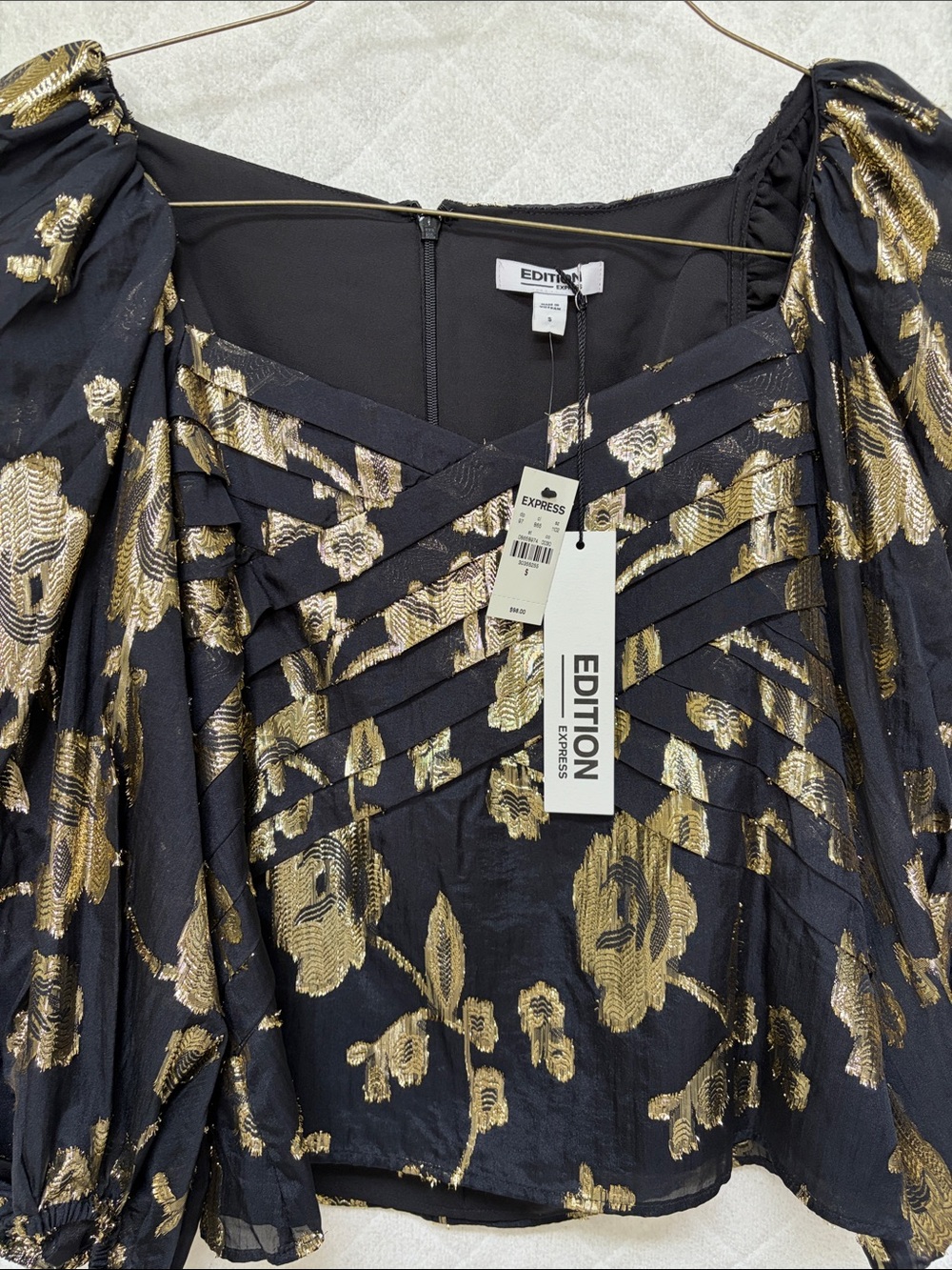 Express Black and Gold Floral Puff-Sleeve Blouse - Picture 2 of 4